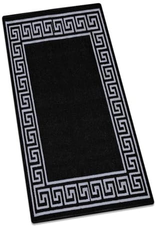 Prime Linens Non Slip Washable Anti Fatigue Kitchen Rug - Hallway Runner Hall Entrance Welcome Large Door Mat for Stair Runner Rug Carpets Matt | 66 X 220 cm - Greekey Black & Grey