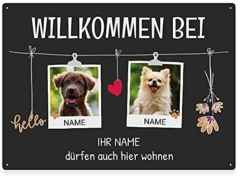 Hunde Schild personalisiert - Willkommen bei - Metallschild mit Foto und Name für außen, wetterfestes Türschild für Hundebesitzer - ca. DIN A4-28 x 20 cm, zwei Tiere, anthrazit
