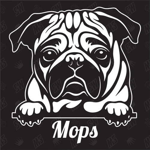speedwerk-motorwear Mops Version 2 - Sticker, Aufkleber, Hundeaufkleber, Autoaufkleber, Hund, Auto, Hunderassen, Mischling, Mix, Tiere, Haustier (AUCH MIT Wunschname MÖGLICH)
