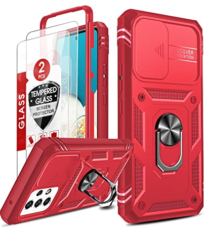 LeYi for Samsung Galaxy A53 5G Case with Slide Camera Cover and 2 Tempered Glass Screen Protector, Ring Holder Full Body Protective Heavy Duty Shockproof Tough Girl Women Hard Phone Cover,Red