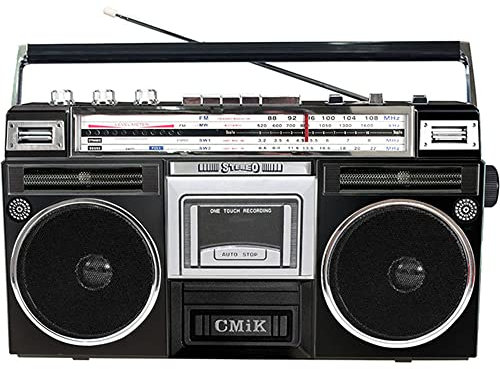 Retro Boombox,Radio Cassette,Cassette Boombox,Radio Cassette Vintage Años 80,Retro Boombox Reproductor Grabador a Cinta, USB y Tarjeta SD, Conexión Auriculares,Black