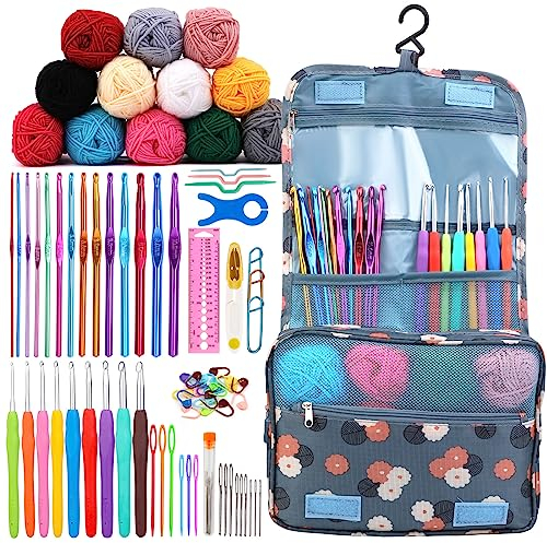 Ruasol Häkelset 82-teilig mit Häkelgarn Set, Häkelnadelset für Anfänger mit Ergonomischer Stricknadel inkl. 12 Farben Häkelgarn für Anfänger