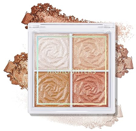 Boobeen Rouge- und Highlighter-Palette – 4-farbiges Metallic-Schimmer-Schattenpuder, Illuminator-Make-up-Set zum Schattieren, Hervorheben und Definieren des Gesichts