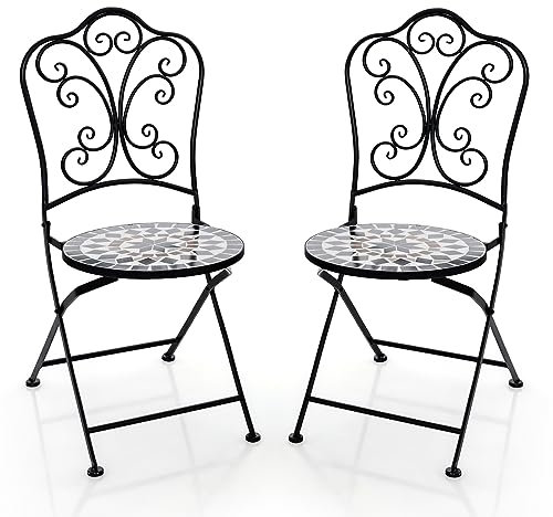 COSTWAY 3 Piece Patio Bistro Set, Mosaic Metal Dining Set Garden Round Table with 2 Folding Chairs, Indoor Outdoor Conversation Furniture Set for Balcony Yard Poolside (Black, 2 Chairs Only)