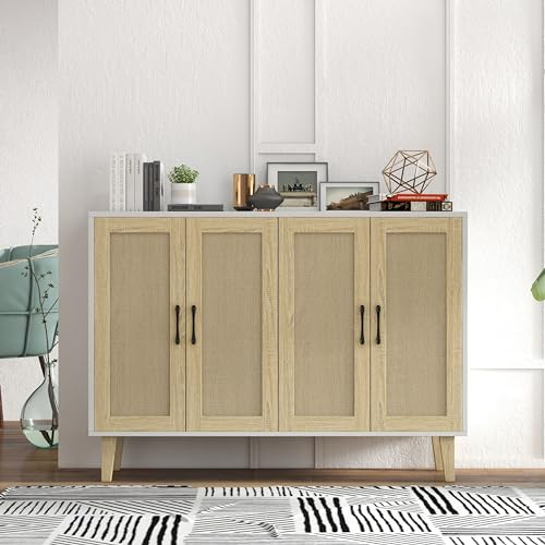 Meuble de Rangement en Rotin et MDF, Buffets Haut Aspect avec 4 Portes sur Salon, Chambre, 127 x 38 x 83 cm (Blanc et Bois)