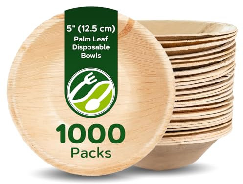 ECO Leaf 1000 Disposable Palm Leaf Bowls |5”(12cm) Round Compostable Dinner Bowls | Eco-Friendly, Biodegradable Heavy-Duty Bowl for Wedding, Party and Picnic | Microwave & Oven Safe, Pack of 1000