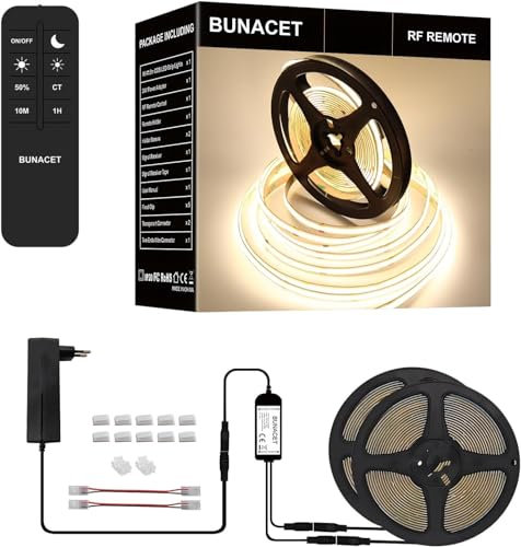 BUNACET COB LED Streifen 12M 24V, LED Strip Dimmbar Tageslicht 4000K, CRI 90+, 8mm Breite, LED Leiste 5760 LEDs, mit Fernbedienung und Netzteil für Heim Dekoration, Küche, Wohnzimmer