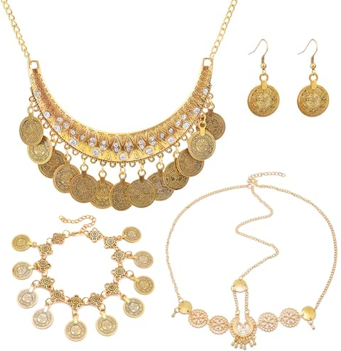 Hifot 4 Sets Bauchtanz Kostüm Damen Vintage Halskette Coin Kopfkette Armbänder Ohrringe Gold Wahrsagerin Kostüm Quasten Indischer Schmuck Piraten Jasmin Kostüm für Frauen Mädchen Mottoparty Karneval