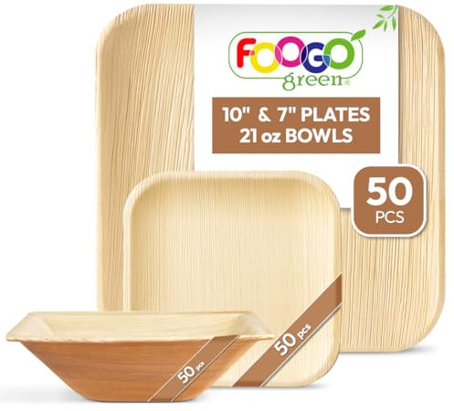 FOOGO Green 150pcs Disposable Palm Leaf Plates, 50x Large Square, 50 Bowls - Biodegradable Strong Paper Plates, Bamboo, Camping