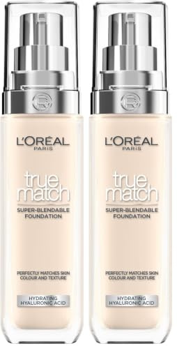 L'Oreal Paris True Match Liquid Foundation, Skincare Infused with Hyaluronic Acid, SPF 17, Available in 40 Shades, 0.5N Porcelain, 30 ml (Pack of 2)