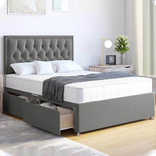 ComfoRest - 4FT6 Double Bed Frame in Grey with 4 Drawers | Divan Base WITH MATTRESS and 24 Headboard | Functional Storage Solution for Contemporary Bedrooms