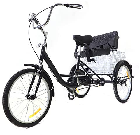 Wiyuer Dreirad Erwachsene 20 Zoll Einkauffahrrad 3 Räder Fahrrad Tricycle mit Kindersitz und Einkaufskorb Anti Rutsch Pedal Fahrrad Single Speed Kette zum Sport Unterhaltung Einkaufen Schwarz