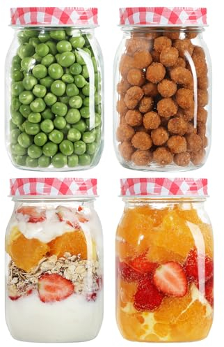 LIMILI Mason Jars With Lids, 500ml/16 oz Multipurpose Glass Jars for Overnight Oats, Pickling, Canning, Preserving, Meal Prep and Food Storage (4PCS - Red and White)