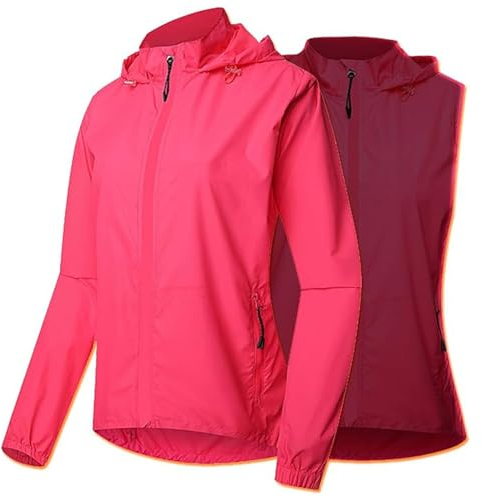 CLMETHE Fahrradjacke für Damen, wasserdicht, winddicht, Sommer, Fahrrad, Fahrradjacken, Weste, durchgehender Reißverschluss, Kapuzentrikots, atmungsaktiv, reflektierend, Fahrradmantel,Pink-3XL