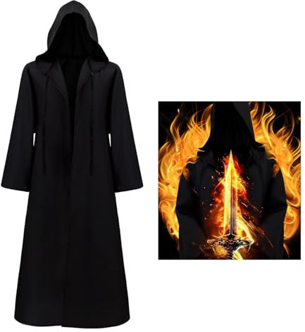 JOYUE Umhang mit Kapuze Halloween Kostüm Herren Robe, Mittelalter Cape Herren Kapuzen Cape Gewand Jedi Hoodies Umhang Erwachsene, Vampir Cape Umhang für Halloween Karneval Cosplay Party (Schwarz, XXL)