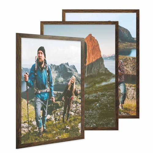 PHOTOLINI Cadre photo 50 x 70 cm bois MDF chêne foncé, cadre large bord, lot de 3 cadres photo, verre acrylique incassable, décoration murale à suspendre, accessoires supplémentaires