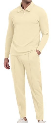KUYIGO Herren-Trainingsanzüge Polo 2-teilig langärmelig Pullover Trainingsanzug-Set Sweatshirt und Jogginghose Waffel-Top Hose lässiger Sport Activewear Golfanzug