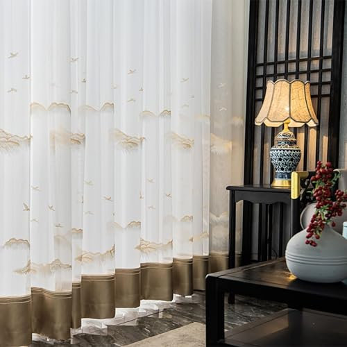 Gardinen Wohnzimmer 2er Set Weiß Beige, Vorhänge Lichtdurchlässig Haken 132x274CM Vintage mit Landschaft Muster Gardinenschals Polyester Halbtransparent Schiebevorhänge Schlafzimmer Küche