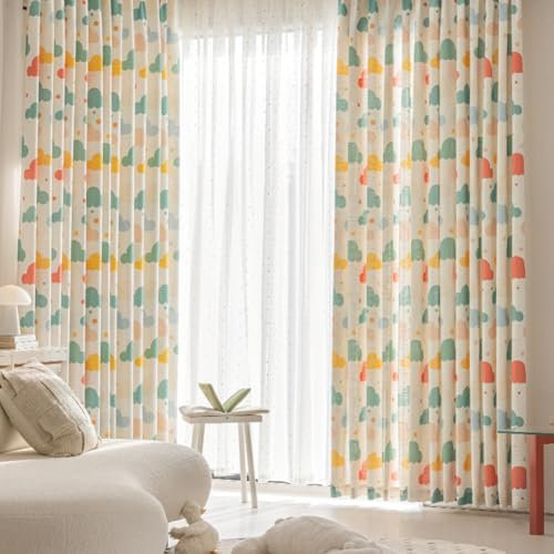 Lsimeru Kindervorhang Mädchen Kurz Verdunkelung Regenbogen Wolken Vorhang Leinenoptik Blickdicht Faux Leinen Ösen Gardinen Ösenvorhang für Kinder Baby,2 Stück 140x160