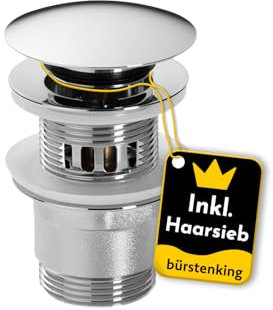 Bürstenking Ablaufgarnitur Waschbecken – Ablaufventil mit Haarsieb – für Waschbecken & Waschtisch – 1 1/4 Anschlussgewinde – Push-Open Funktion – mit Überlauf – 6,0 cm – ø 66 mm – Chrom Silber