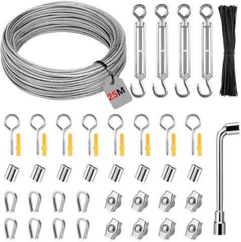 25m 3mm Cable de Acero Inoxidable 304 Cuerda Acero, Nylon Cable Acero Kit con Tensor Ojales M5, Cuerda de Alambre Cable Acero Plastificado para Cuerda Tendedero, Colgar luces de Cadena, Soporte Planta