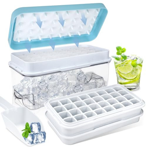 TOPAHGOD Eiswürfelform, Silikon Eiswürfelbehälter mit Deckel Einfaches Drücken um Erhalten Eiswürfel, Ice Cube Tray mit Eiswürfelbox & Schaufel, 64 Eiswürfel, Kühlen von Cocktail, Whiskey, Kaffee,Blau