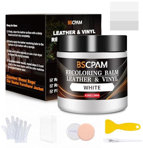 BSCPAM Leder Reparatur Set Weiß,Flüssigleder Lederpflege für Ledercouch,Autositze,Vinyl,Leder Sofa Kratzer/Fleck,Kunstleder Reparaturset,Lederfarbe Lederfett für Zerkratzte,Riss und Verblasste