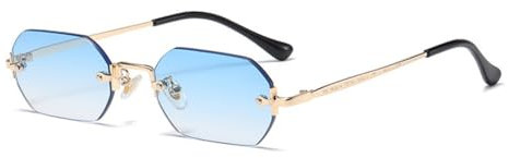 qinqilanqi-S Rahmenlose Achteckige Sonnenbrille | Metall Retro | UV400 | Etwa 20g Leichtgewicht Damen Herren(Gold/Farbverlauf Blau)