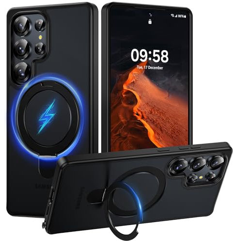 TAURI für Samsung Galaxy S25 Ultra Hülle mit Ring Stand [Kompatibel mit MagSafe&Wireless Charging][Military Grade Drop Tested] Translucent Hard Back Soft Edge, Schwarz