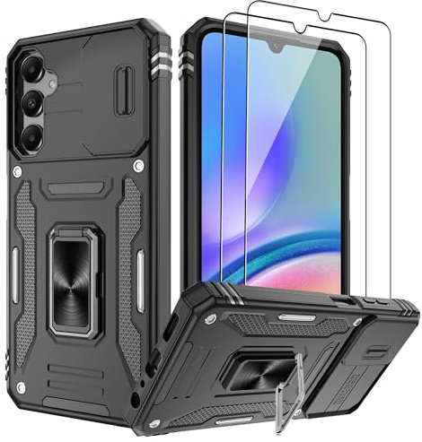 Pilaru Coque de protection pour téléphone portable Samsung Galaxy A05s avec 2 films de protection de l'appareil photo coulissant - Anneau rotatif à 360° - Résistant aux chocs - Noir