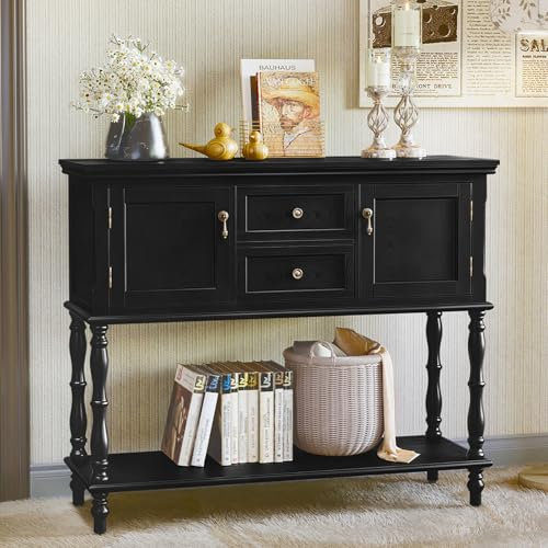 MROJISC Konsolentisch mit Schubladen und Stauschrank, Holz Schwarz Konsolentisch Schmal mit Schublade Konsolentische fürs Wohnzimmer, Eingang, Hausflur, Schlafzimmer