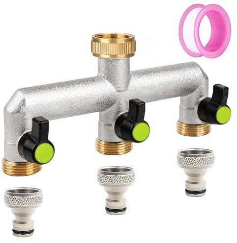 GEDEGOOK Distribuidor de Agua de 3 Vías 3/4'', Grifo de Jardin Triple, Adaptador Grifo Manguera Distribuidor de Jardín de 3 Vías, Adaptador de Manguera de jardín, Regulador de Flujo y Bloqueable