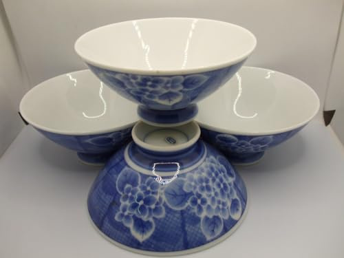The Majestic Fine Porcelain Chinese Japanese Oriental Vintage Grape Blue and White Design Rice Bowls Only Set of 4 Height 5.5cm
