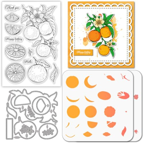 GLOBLELAND Orange Stempel and Cutting Dies Set for Card Making Orangefarbene Stücke Stamps and Stencils Geschichtet Embossing Stencil for DIY Scrapbooking Crafts Album Accessories