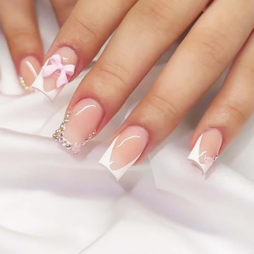 24PCS Square Press on Nails - Long French Tip False Nails - Nude White Nails French Tip - 3D Bowknot Rhinestone Decoration Acrylic Nail Art Glossy Full Cover False Nails with Glue