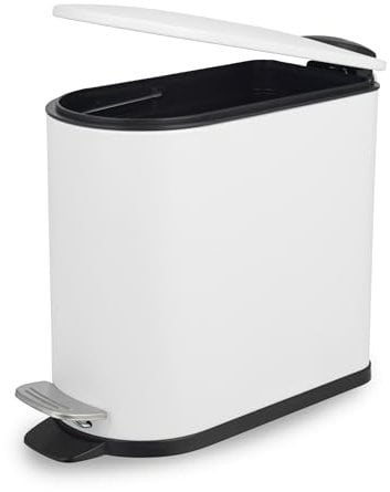 Beldray Bathroom Pedal Bin – 5 Litre Small Toilet Bin, Soft Closing Lid, D-Shaped Sanitary Waste Bin for Bedroom, Office, Kitchen, Powder-Coated Finish, Space-Saving, White