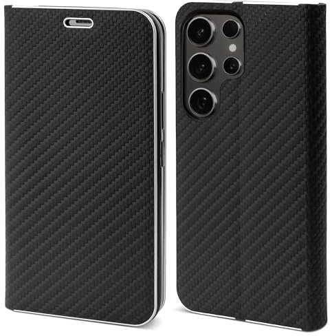 Moozy Hülle für Samsung Galaxy S25 Ultra, Carbon - Metallischer Kantenschutz Klapphülle Handyhülle mit Kartenfach und Standfunktion, Case für Samsung S25 Ultra Stoßfest, Schwarz