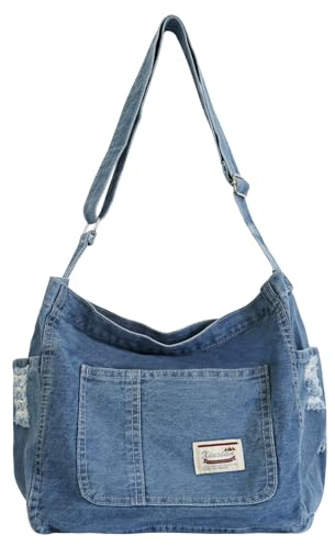 Ausing Damen Jeans Umhängetasche Crossbody Mittelgroße Schultertasche mit Reißverschluss Innentaschen Vintage Tasche Leichte Denim Handtasche für Büro Reise Alltag Hellblau