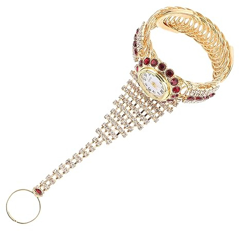 DOITOOL Damenarmbanduhr mit Strass, Rotes Quarzmodell aus Kupfer und Glas | Zartes Strassarmband, Glänzender Vintage Stil, Präzise Zeitangabe, Angenehm zu Tragen, Uhr für Damen