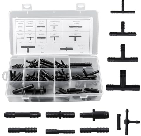 MISIQIMA 113pcs Raccord Tuyau Lave Glace, 12 Tailles Raccord Tuyau D'arrosage en T, Droit, Conique, Adapté aux Tuyaux de Lave-Glace, Tuyaux D'arrosage, Systèmes D'lrrigation