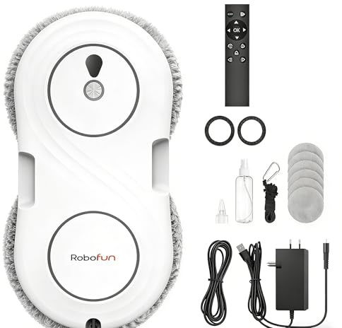 Robofun Robot Laveur De Vitre Automatique, 7000 Pa Aspiration, Moteur à Turbine, Nettoyage en Double Hélice, 63 mm Ultra-Fin, Nettoyeur Vitres électrique, 10 Chiffons de Nettoyage, Modèle WD12D- Blanc