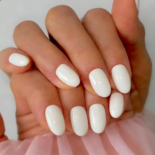 SXVME Soft Gel Press On Nails Short, 32 Pcs 16 Sizes Sheer White Short False Nails Press ons Oval, Reusable Artificial Nails, Natural Milky Almond Stick On Nail for Women Everyday Elegance