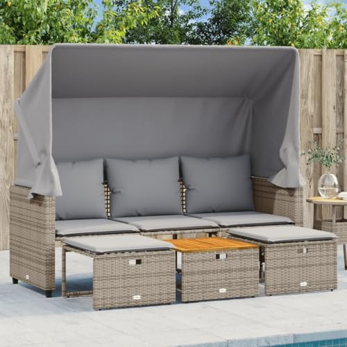 Kaloriko 3-Sitzer Outdoor-Sofa mit ausziehbarem Dach, Poly Rattan Grau, 176x65x149 cm, inkl. 2 Hocker & Tisch, UV-beständig für Garten & Terrasse