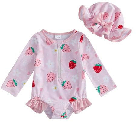 BABWWNIX Infant Baby Girls One Piece Swimsuit Long Sleeve Rash Guard Swimwear Strawberry Print Zipper Bathing Suit with Hat
