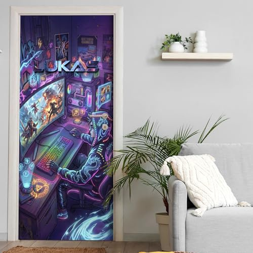Türtapete selbstklebend | personalisiert mit Namen | 200 x 90 cm Cyber Gamer Neon | Tür Aufkleber Poster Türfolie | Einteilig | Wasserfest 3D Türaufkleber Wandtattoo Türposter Teenager