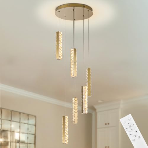 diisunbihuo 6-flammige LED Kristall-Pendelleuchte Dimmbar Gold