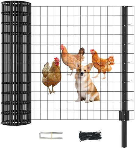 SUNYRISY Metall Hühnerzaun Gartenzaun Maschendrahtzaun mit 5 x Pfosten | 15m lang 115cm hoch Mobiler Hundezaun Weidezaun Steckzaun Begrenzungszaun Schafzaun, Verzinkter Material, Schwarz