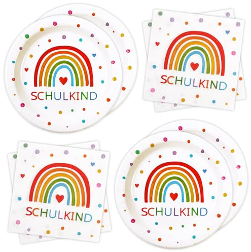 40Stück Regenbogen Einschulung Partygeschirr Geburtstag, Einschulung Servietten 23CM Pappteller Schulkind 2026 Mädchen Junge Schulanfang Partyservietten Deko Regenbogen Party Tischdeko für 20 Gäste