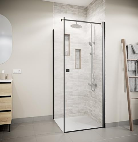 Porte de Douche Pivotante 70x180cm et Retour 80cm - Profil Noir - Verre 5mm - DARK ELEMENTARY