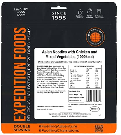 EXPEDITION FOODS Asian Noodles with Chicken and Mixed Vegetables (Double Serving / 1000KCAL) | Freeze-Dried Camping & Hiking Food
